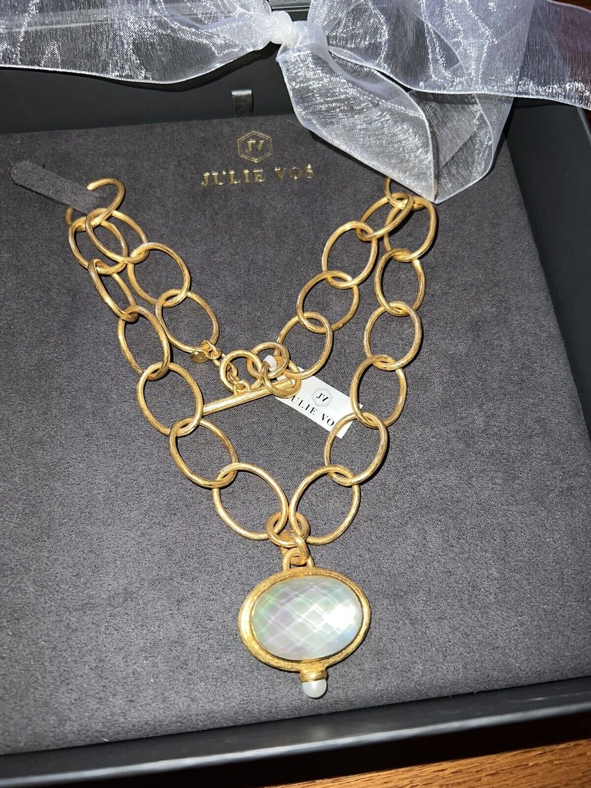 Julie Vos Statement Necklace Iridescent White Pendant 24k Plate Toggle Link