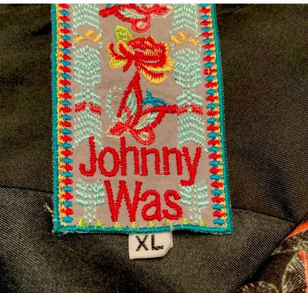 Johnny Was XL 100% Silk Black & Red Floral Blouse Button Up Tunic Top Mini Dress Johnny Was