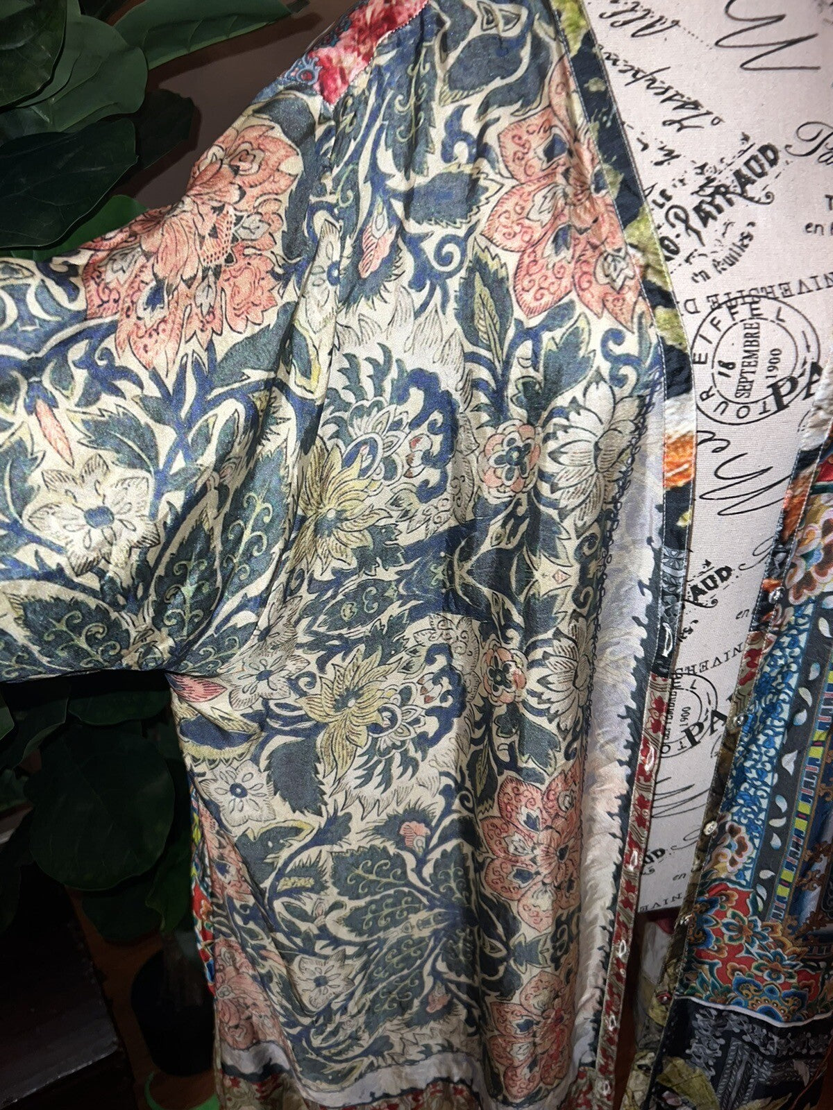 Johnny Was Large 100% Silk Kimono Cherry Blossoms STUNNING BACK Button Up Blouse Johnny Was