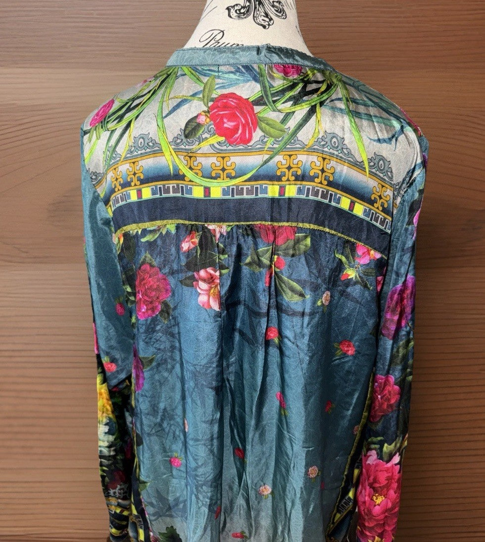 Johnny Was XL 100% Silk Mini Shirt Dress Button Up Tunic Top  Roses Blue Johnny Was