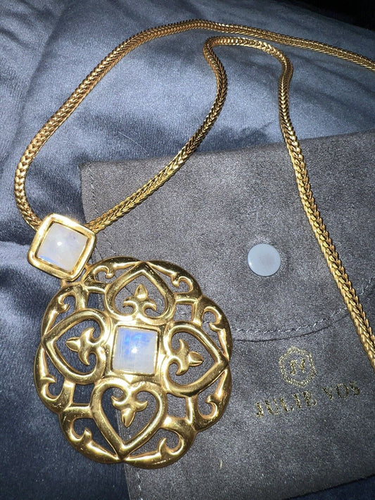 Julie Vos Statement Necklace 30” Long Thick Chain W/ Pendant Moonstones