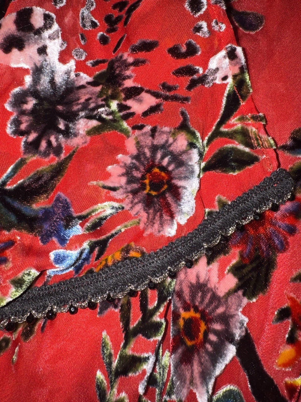 Johnny Was O/S Burnout Velvet Shawl Wrap Red Beaded Trim Bohemian Luxury Johnny Was