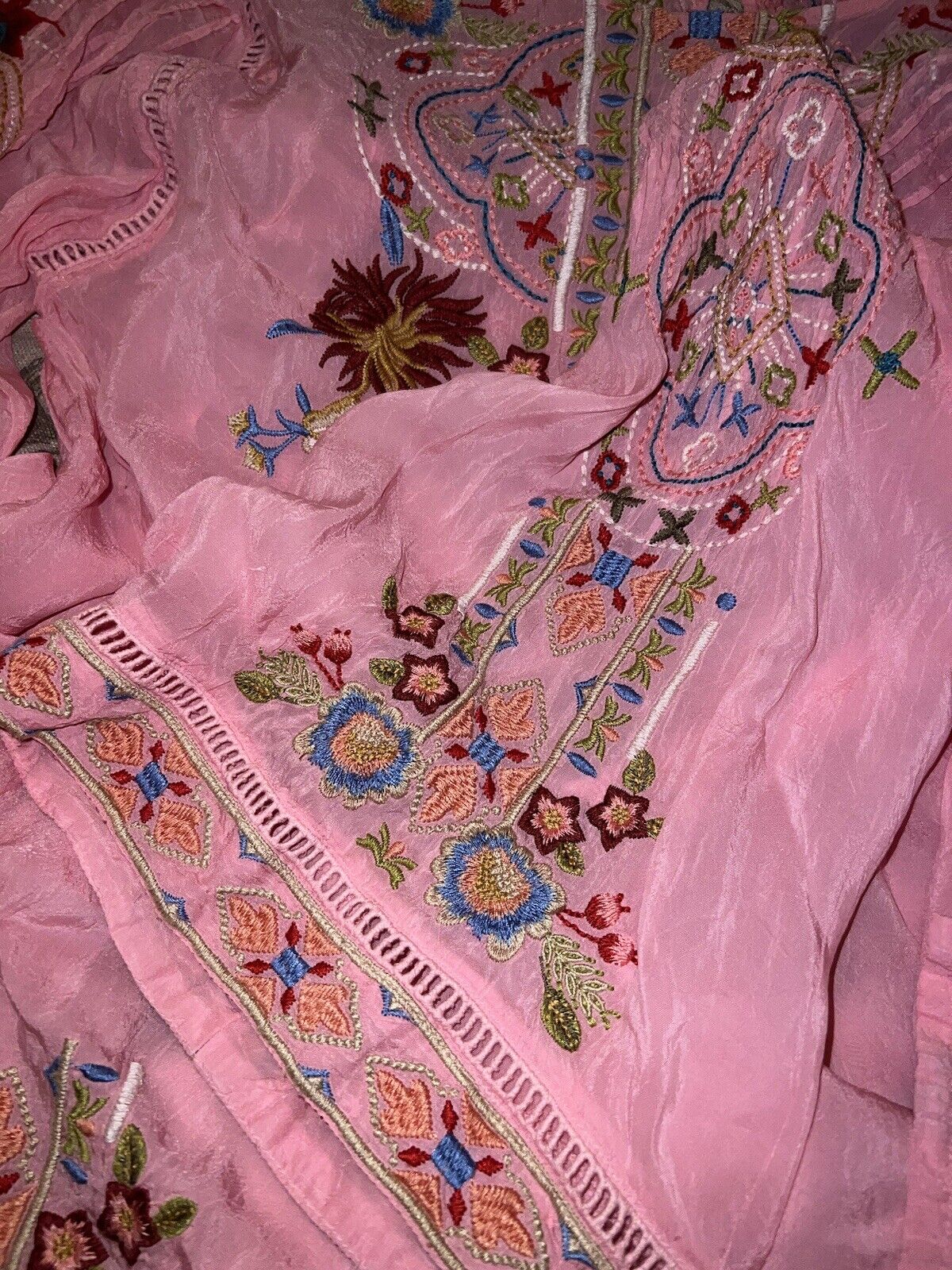 Johnny Was Silky Pink Sz L Large Tunic Top Embroidered Kimono Sleeves