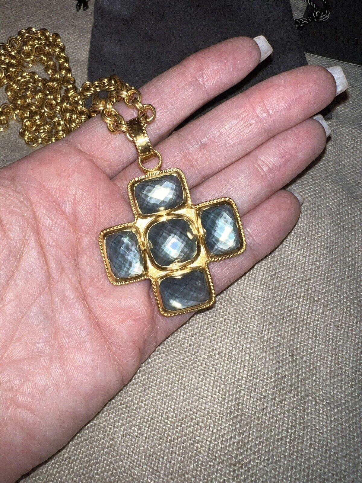 NEW Julie Vos Charcoal Blue & 24k Gold Plate Cross Statement Necklace & Pendant