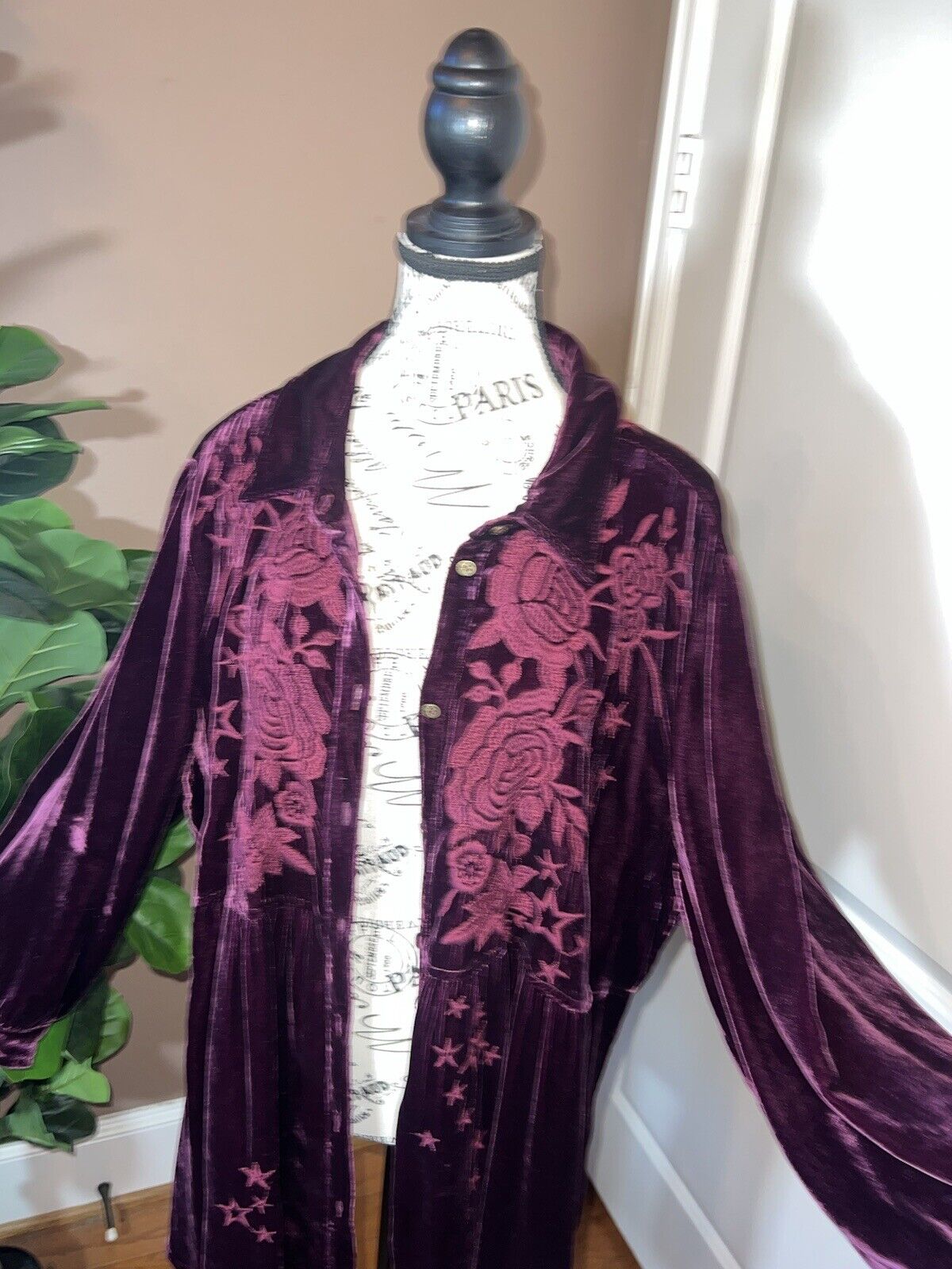 Johnny Was Burgandy Wine Velvet & Embroidered Tunic Top Kimono Sz XXL