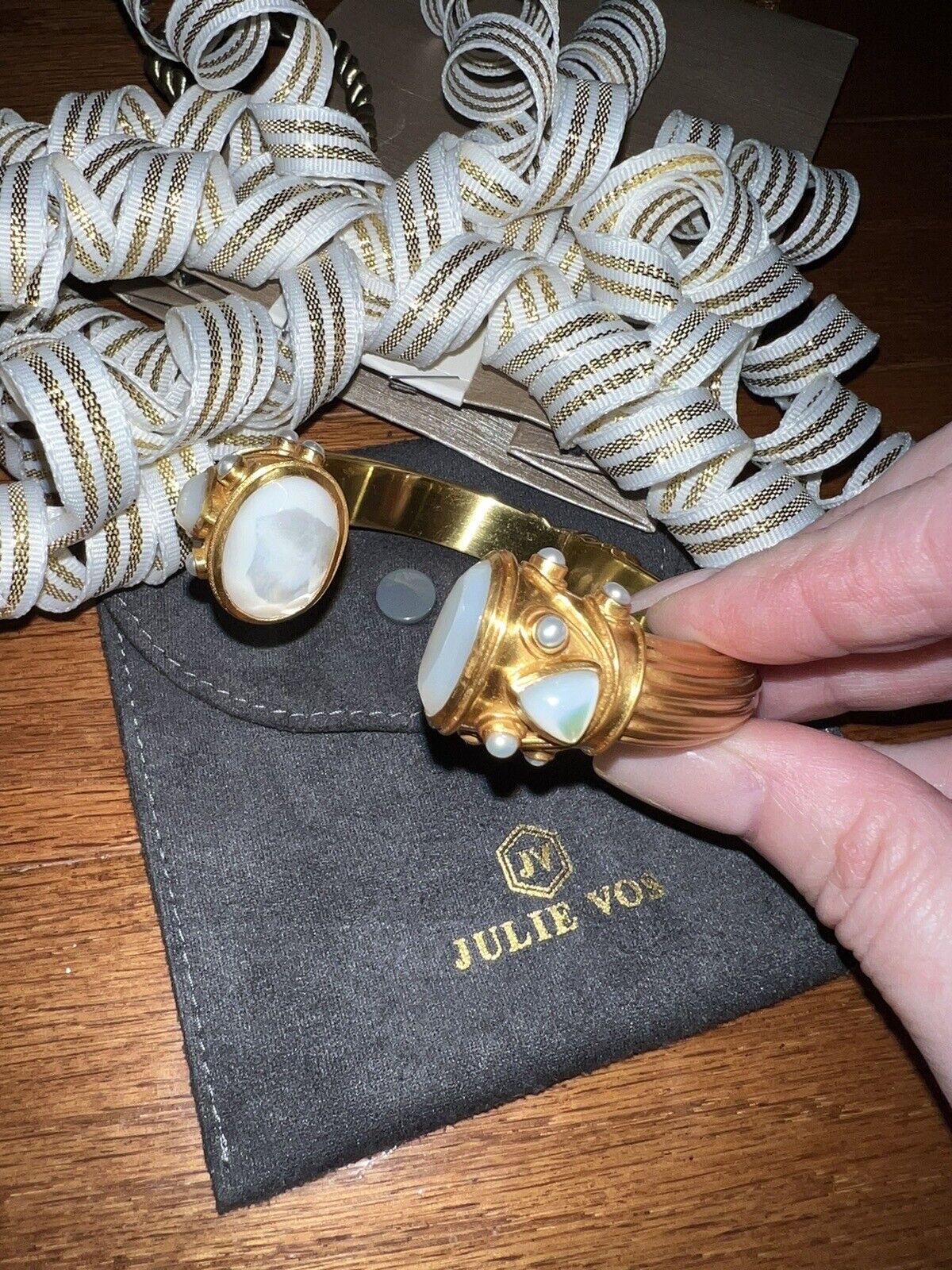 Julie Vos Hinged Bangle Cuff Bracelet 24k Gold Plate & Creamy White