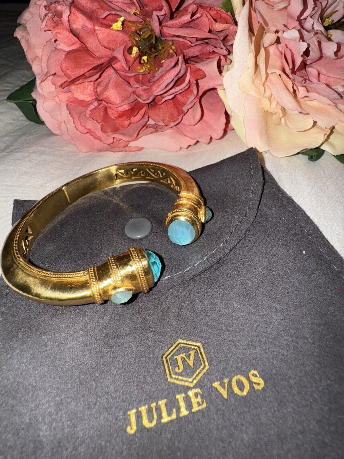 NEW Julie Vos Iridescent Blue Hinged Bangle Cuff Bracelet 24k Plated NWOT