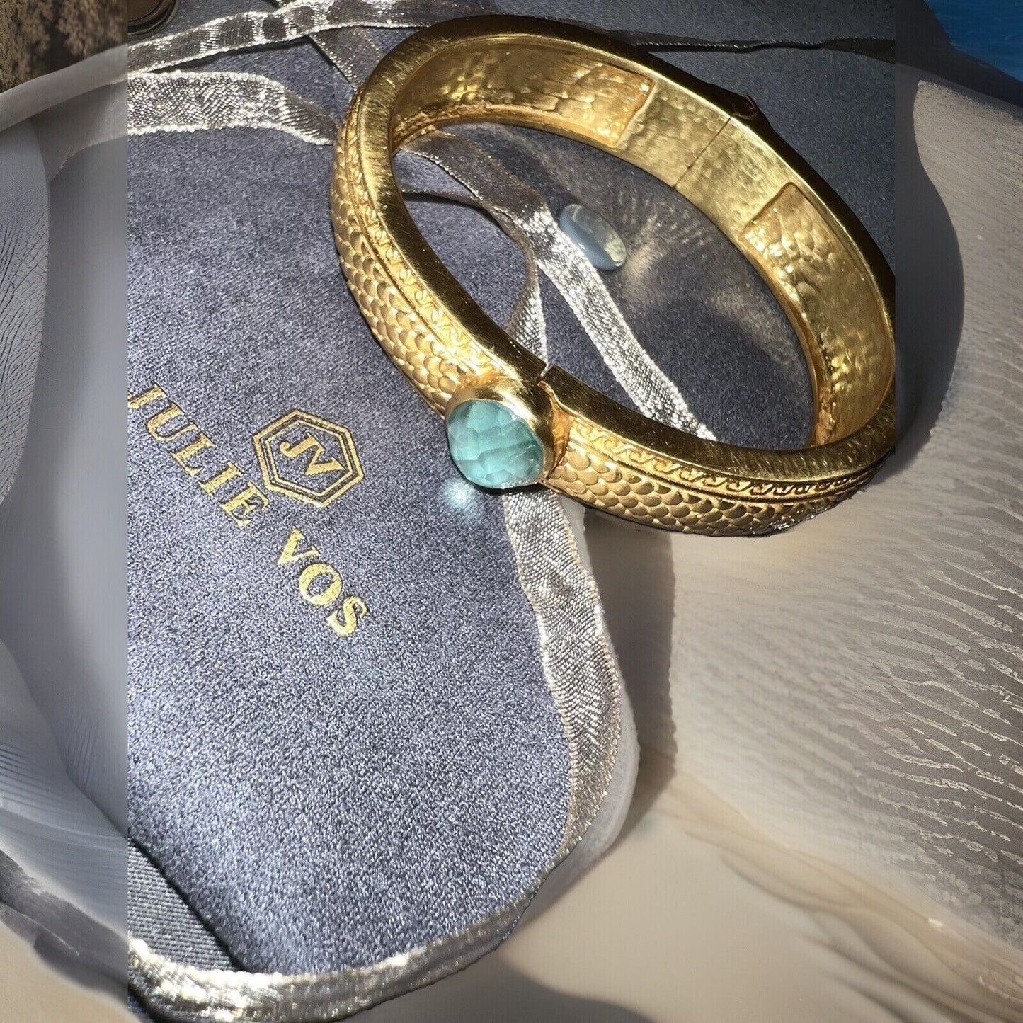 Julie Vos Hinged Bangle with Bahamian Blue Stone & 24k Plated  RETIRED