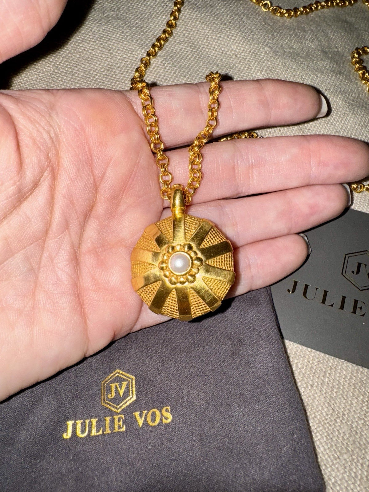 Julie Vos Pearl Statement Necklace Link & 3D Pendant 24k Plated $395 Retail Julie Vos