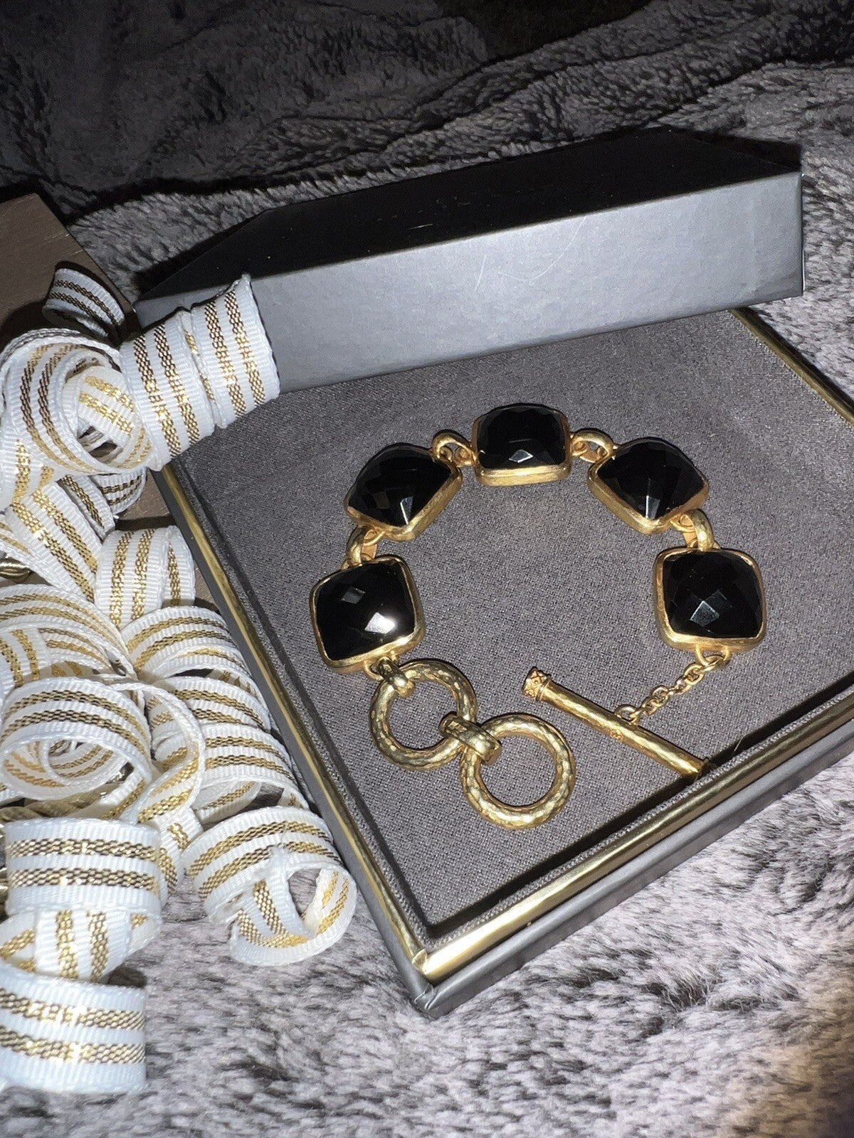 Julie Vos 8” Large Size Black Obsidian Link Bracelet Adjustable Toggle Julie Vos