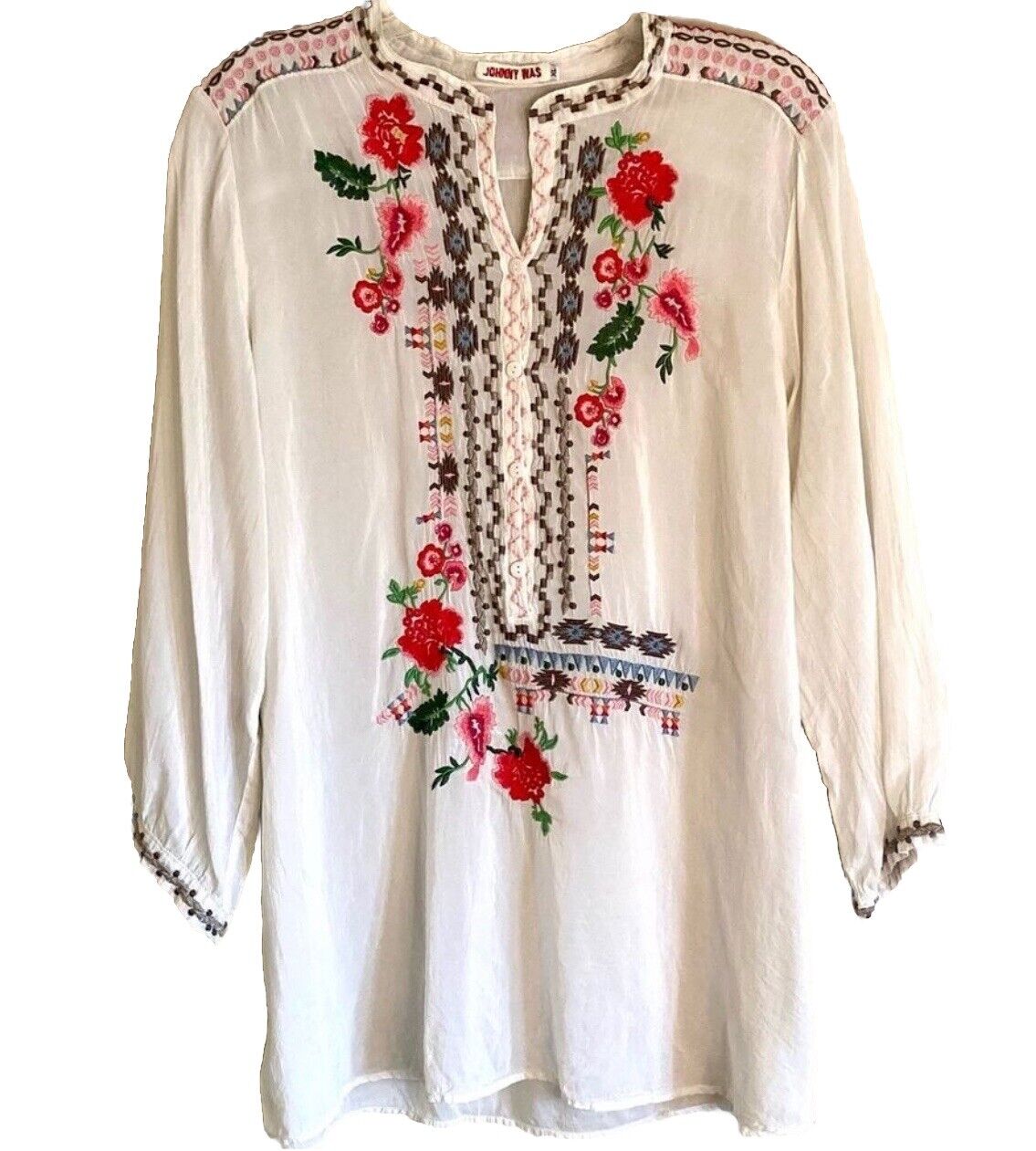 Johnny Was Silky White Embroidered Peasant Blouse Top Tunic XL SUMMER