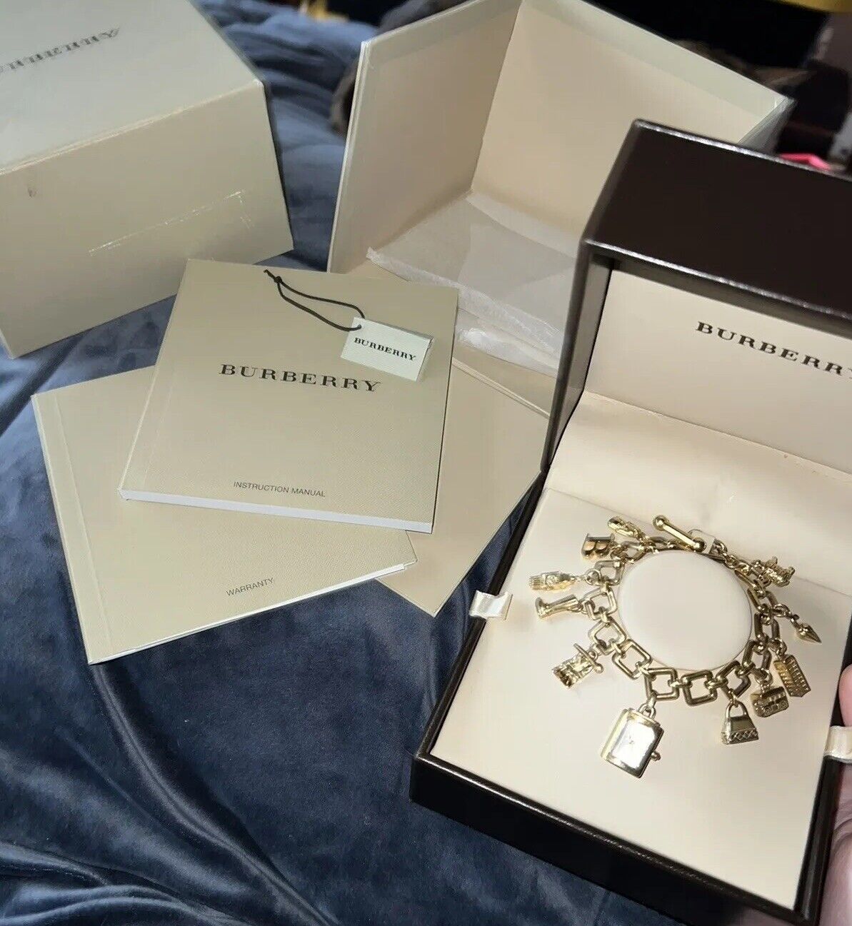 BURBERRY Gold Plated Charm Bracelet Watch RARE Box, Manuals, Tags Needs Battery