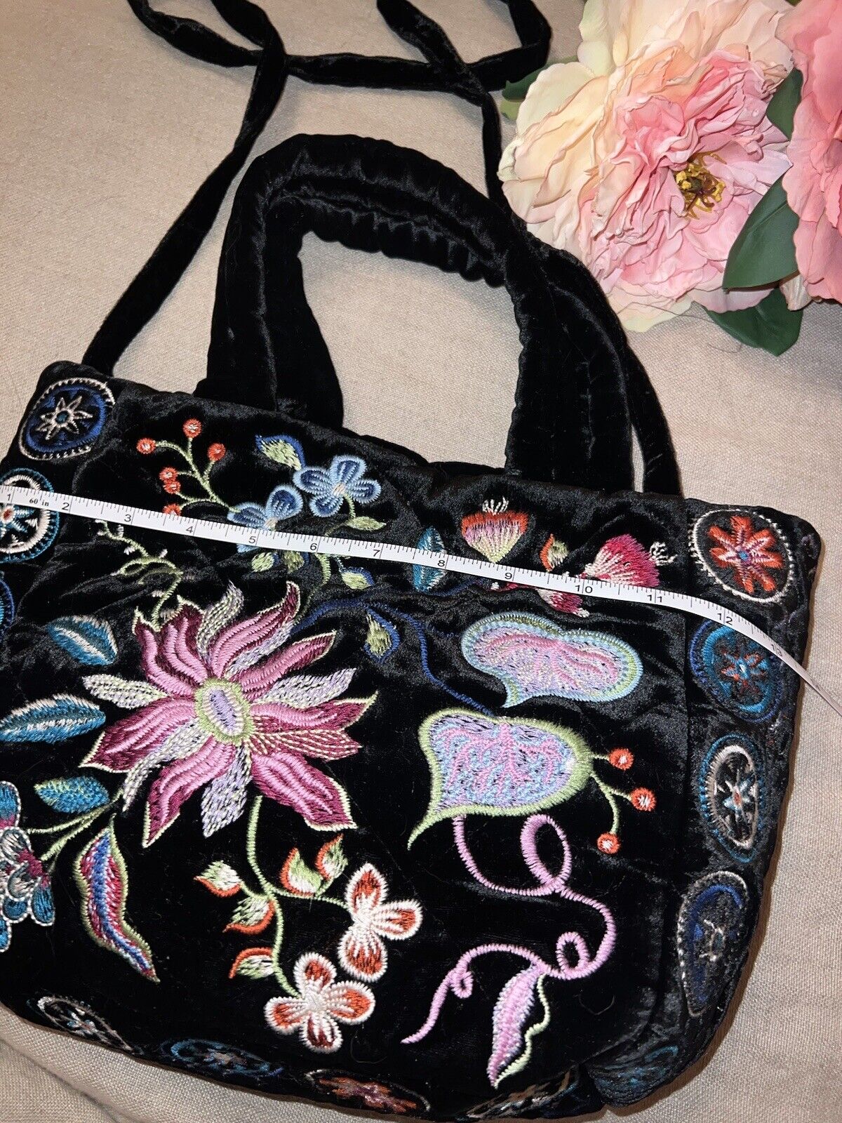 Johnny Was Velvet Embroidered Hobo Bag Tote Purse Crossbody Flower Black