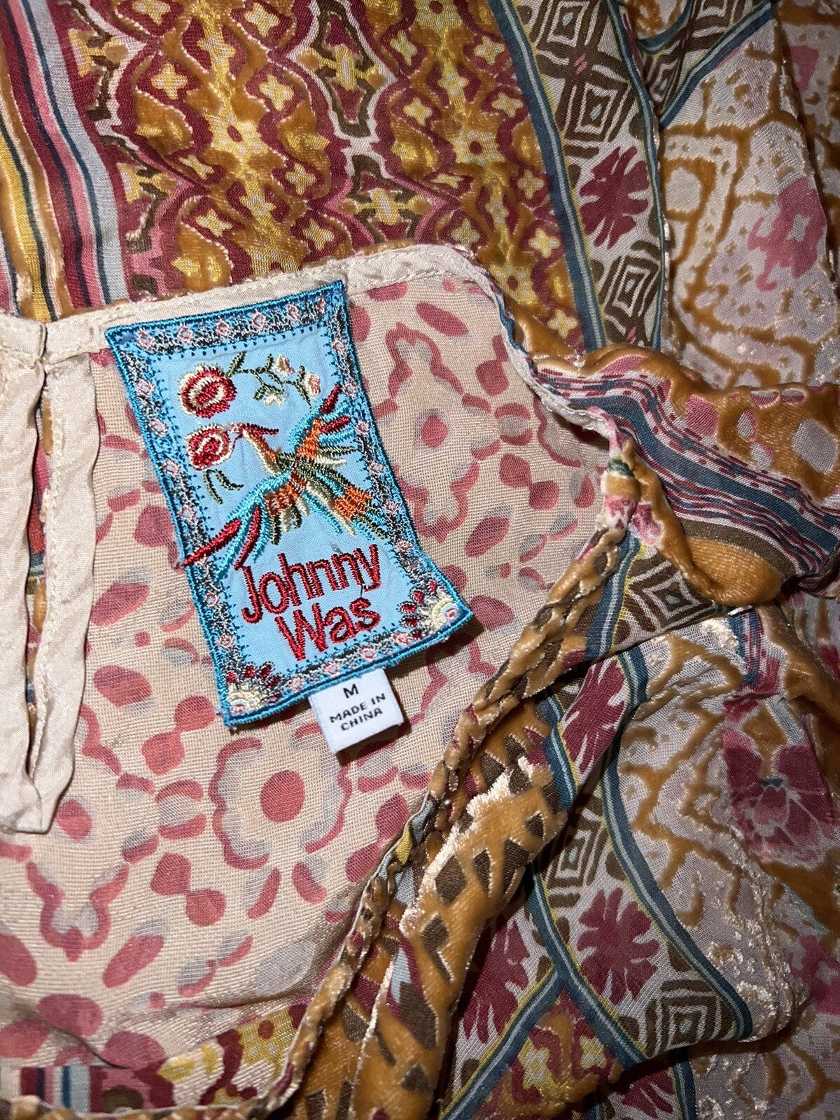 Johnny Was Burnout Silk & Velvet Patchwork Pattern Tunic Top Sz M Medium Johnny Was