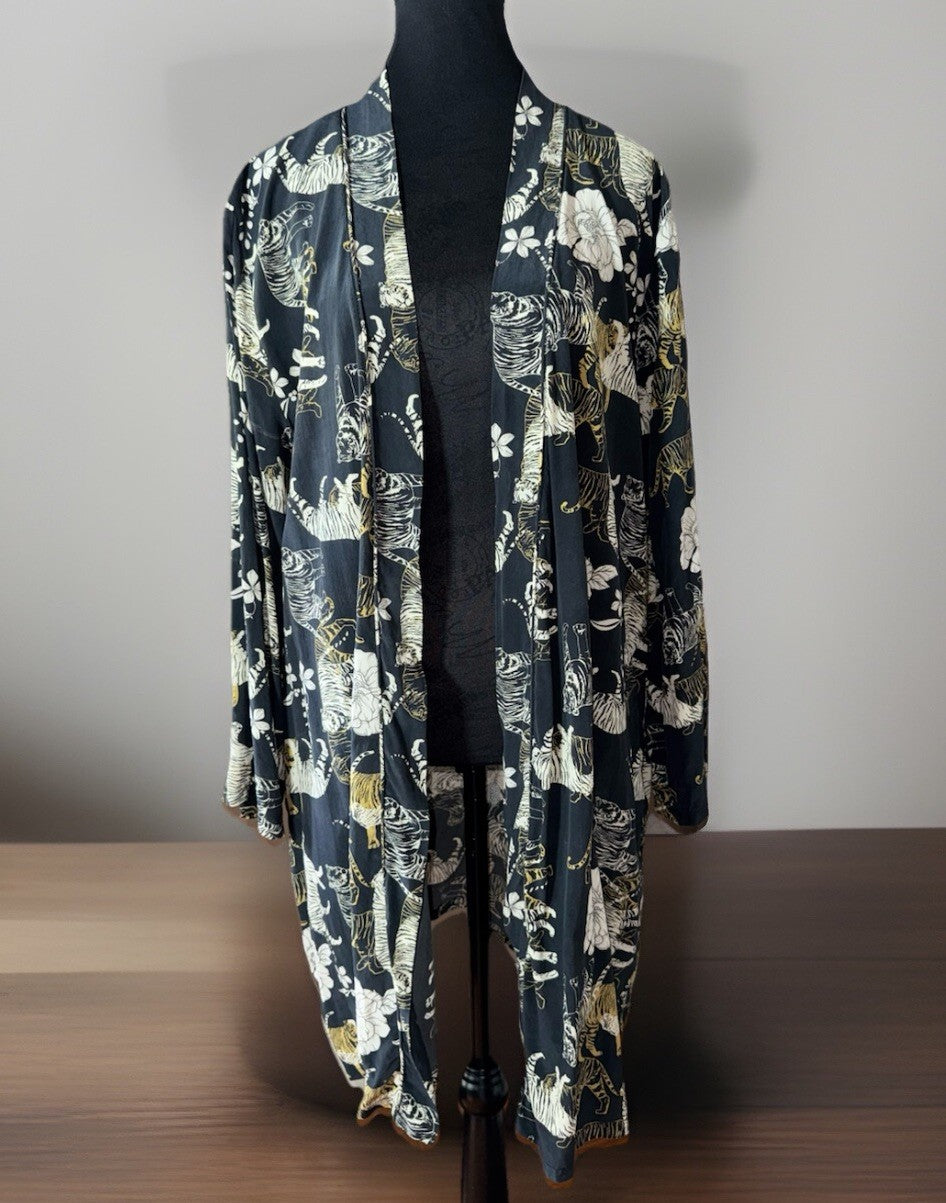 Johnny Was L 100% Silk KIMONO Black Tiger Print Cats Duster Lightweight Jacket Johnny Was
