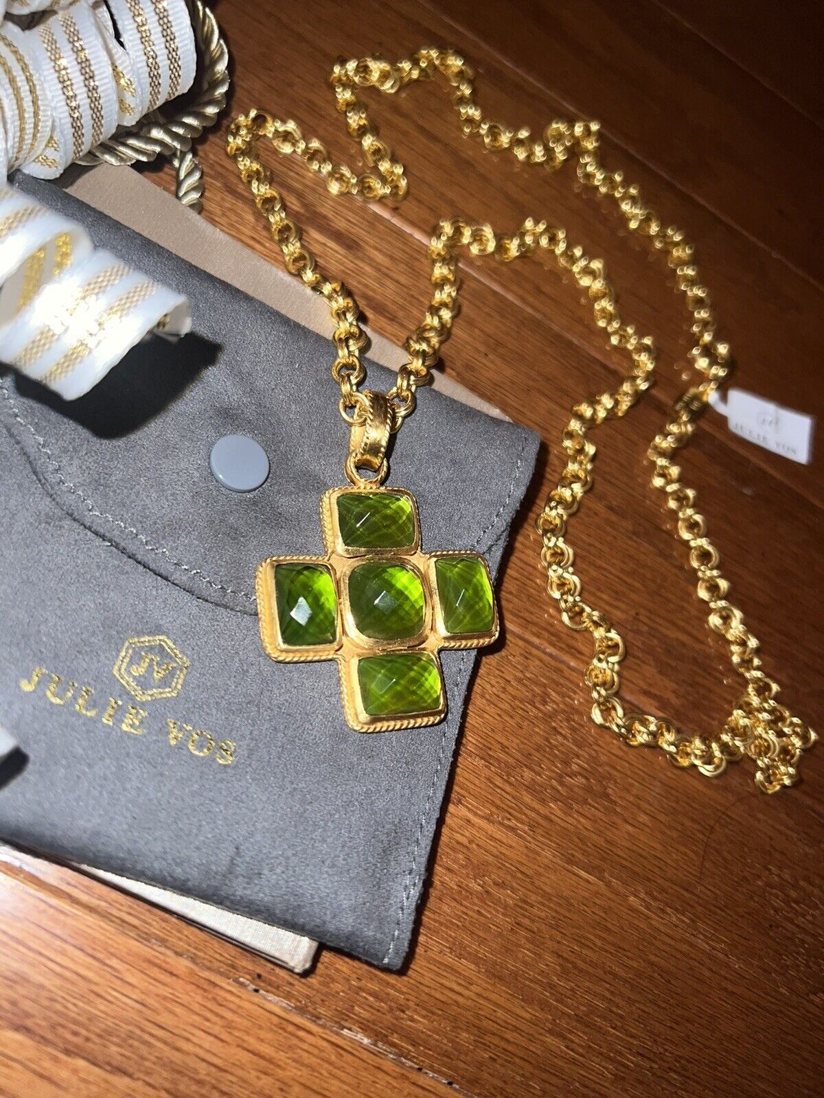 NEW Julie Vos Green & 24k Gold Plate Statement Long Cross Necklace NWT