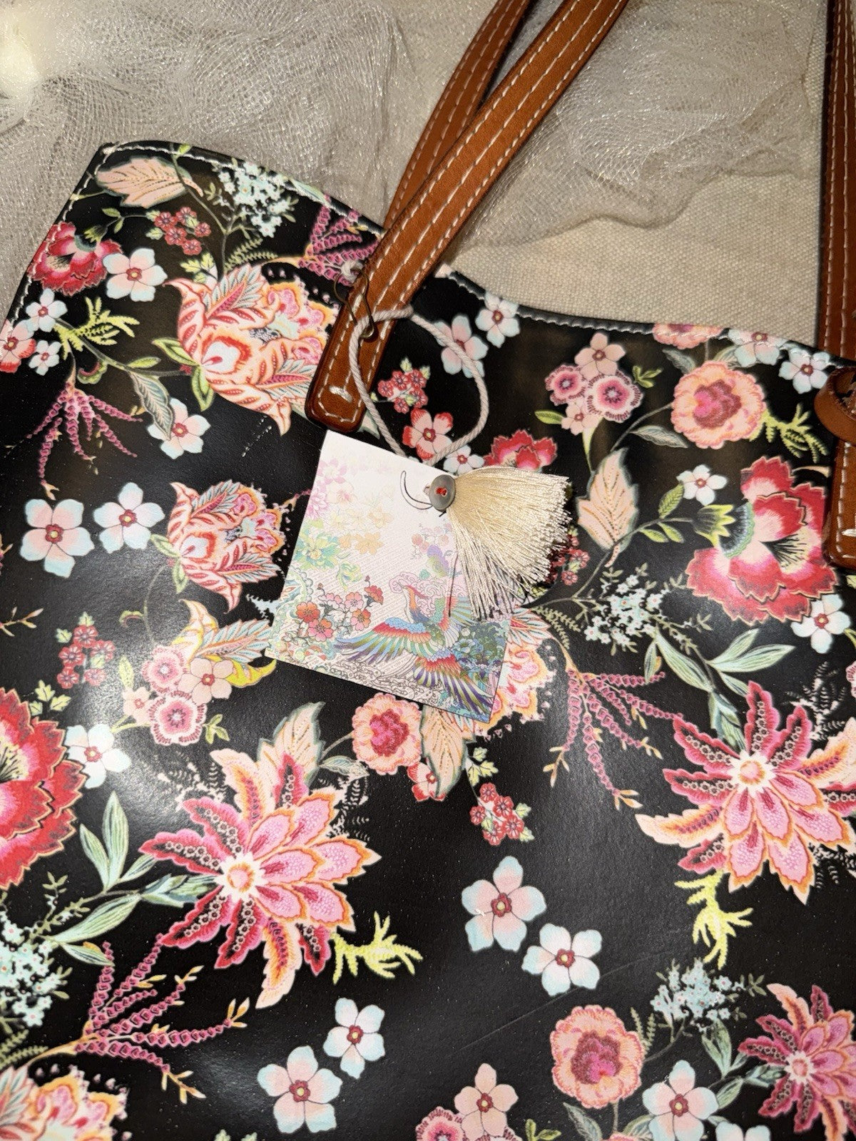 Johnny Was Black & Pink Coated Canvas Dreamer Bag Purse Tote Leather $428 Johnny Was