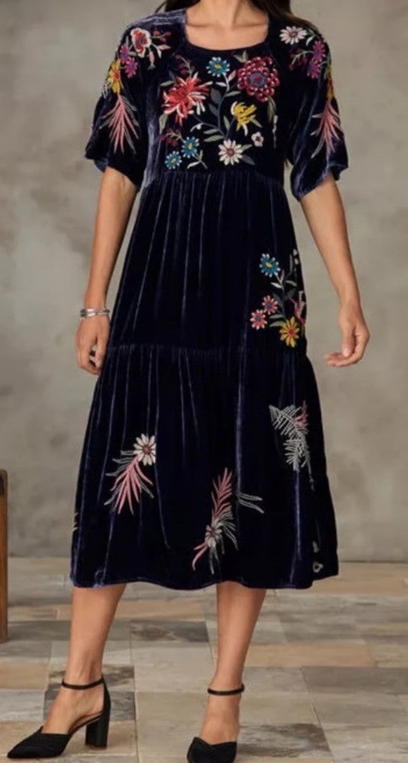 JOHNNY WAS XL Dark Midnight Blue Velvet Midi Dress Tiered Embroidered Maxi Johnny Was