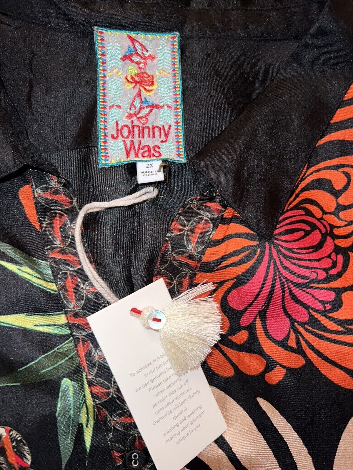 Johnny Was 100% Silk Black Floral Pattern Tunic Top Mini Shirt Dress 2X  XXL