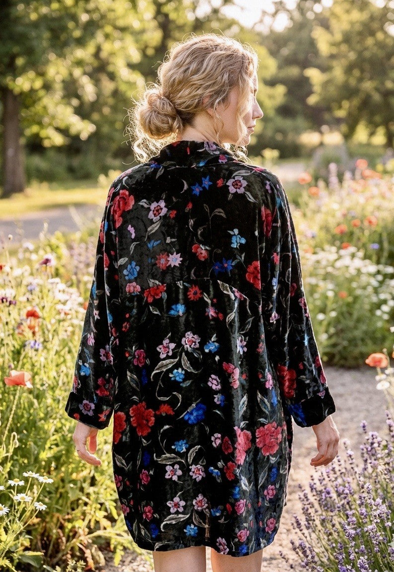 Johnny Was Black & Red Velvet XL Kimono Wrap Jacket Duster Coat Bohemian Johnny Was