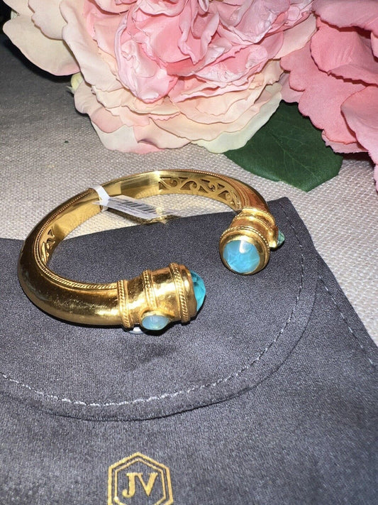 NEW Julie Vos Iridescent Bahamian Blue Hinged Bangle Cuff Bracelet 24k Plate NWT