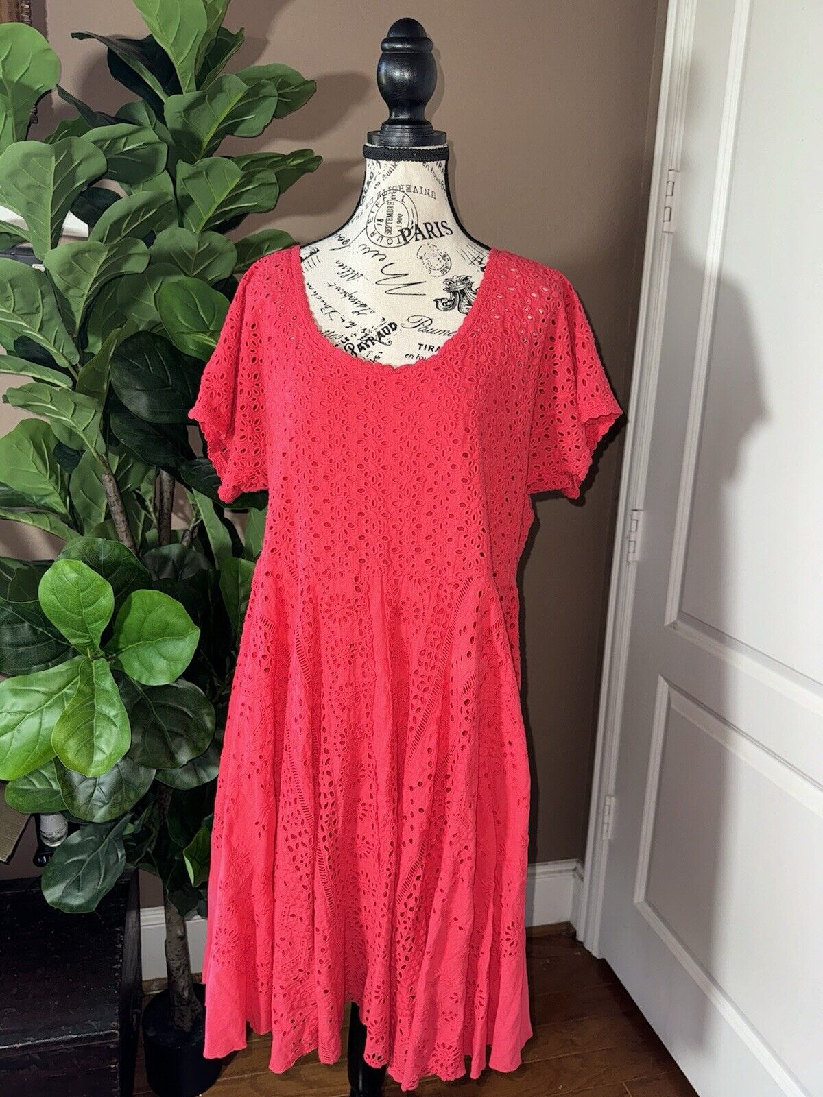 Johnny Was Sz 1X XL Red Dress & Slip Eyelet Lace Knee Length Mini Dress SO CUTE