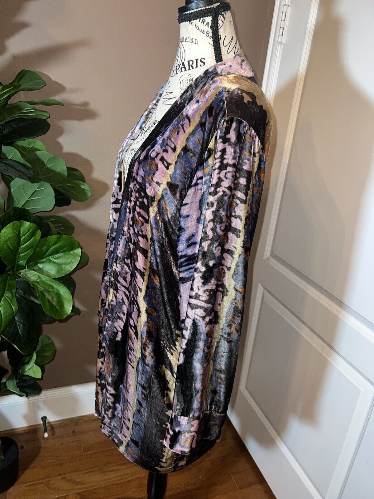 Johnny Was Velvet Silk Lined Kimono Wrap Sz L Large Purple Blue Gold Watercolors