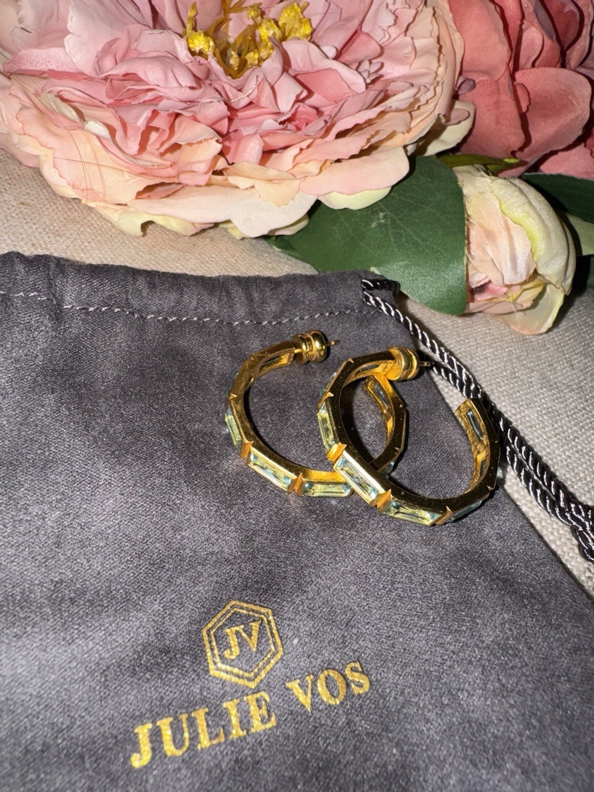 Julie Vos Baguette Clear Blue & 24k Gold Plated Hoop  Earrings 1.25” Julie Vos