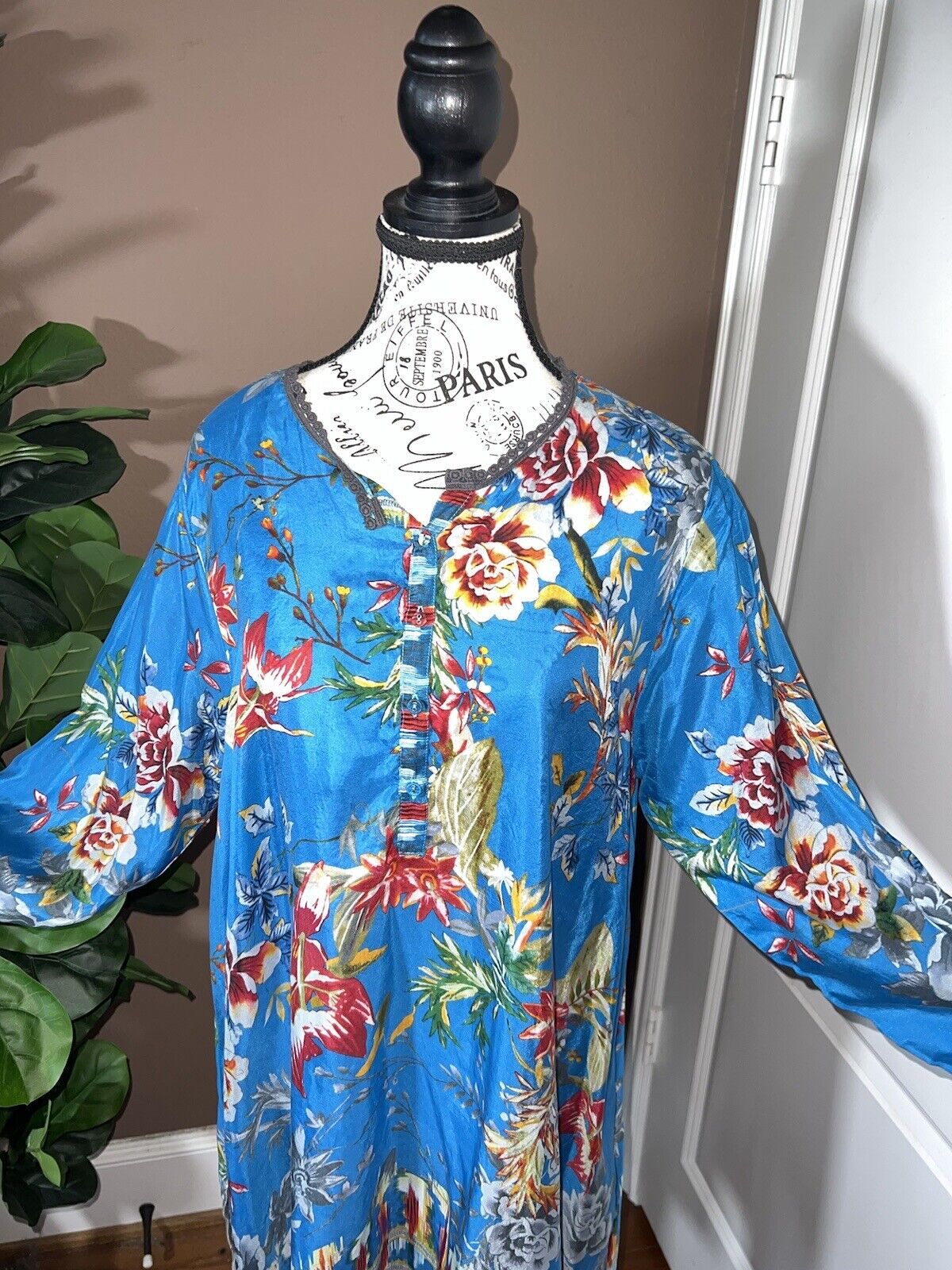 Johnny Was Tropical Blue 100% Silk Blouse Top Tunic L  Large OVERSIZED