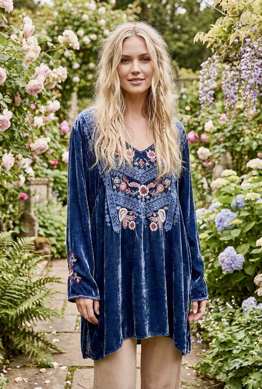 Johnny Was M Medium Blue Velvet Tunic Top Blouse Long Sleeve Shirt Embroidered Johnny Was