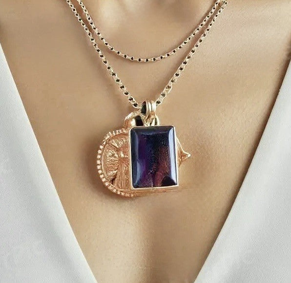 Julie Vos Necklace Sapphire Blue Glass & Gold Coin Pendant 24k Plated RETIRED Julie Vos