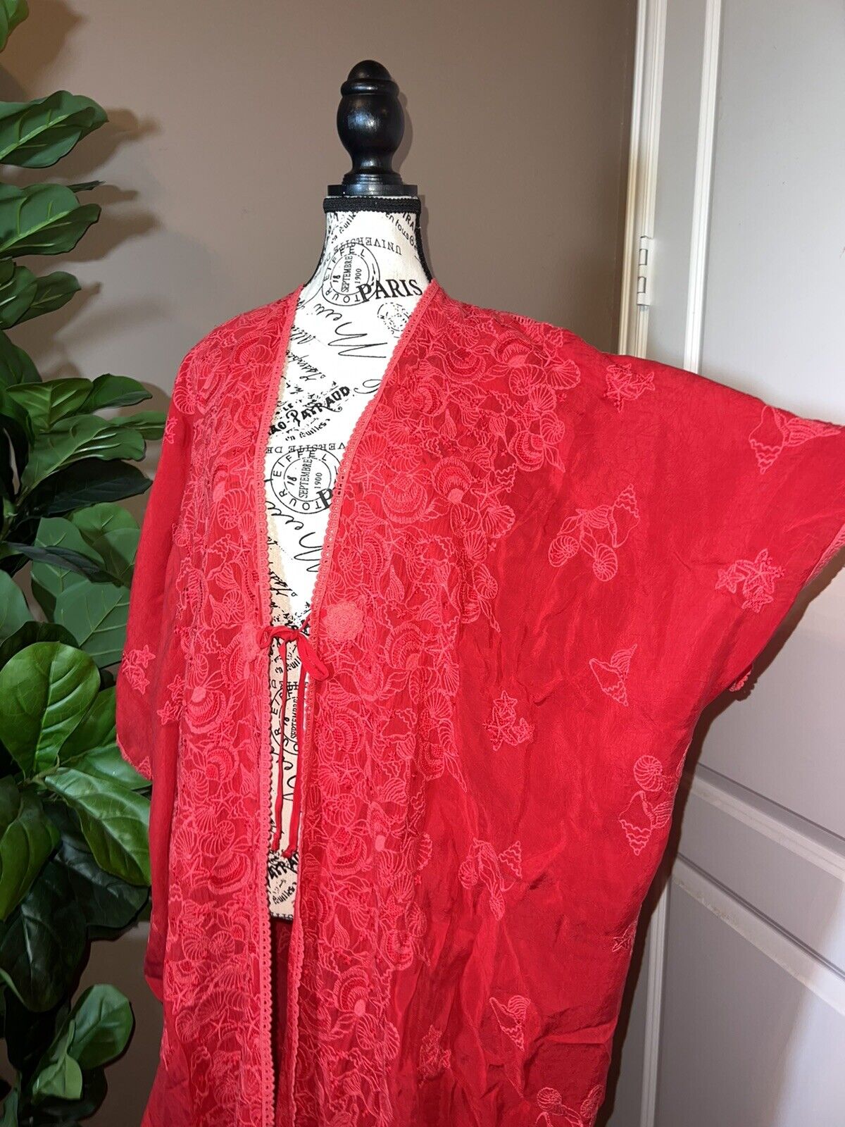 Johnny Was O/S Long Kimono Wrap Dress Cover Up Red Raspberry Embroidered