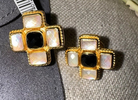 Julie Vos Iridescent Clear & Black Obsidian Cross Earrings 24k Gold Plated Julie Vos