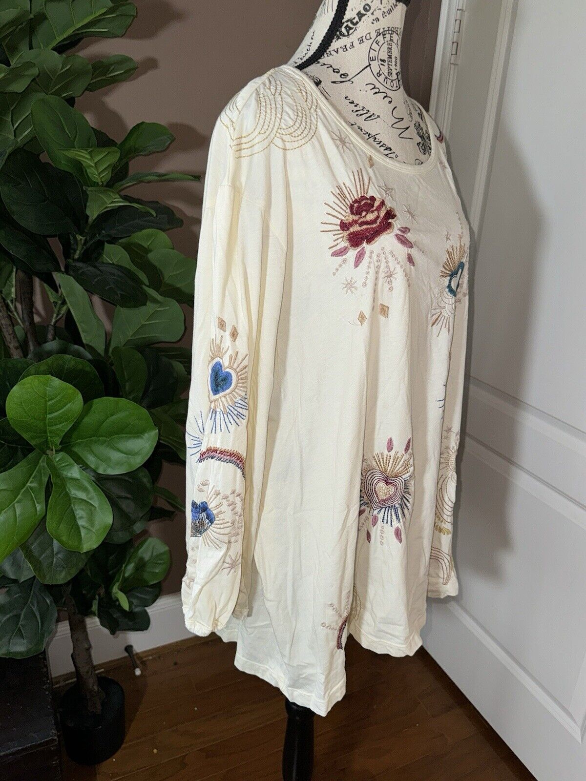 Johnny Was 3x Cream Peasant Tunic Top Cute Embroidery Kimono Sleeves