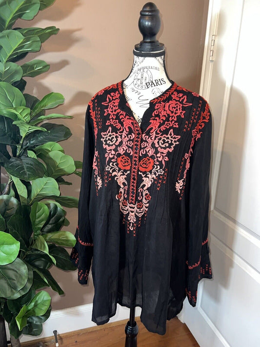 Johnny Was Silky Top Long Sleeve Button Up XXL 2X Gorgeous Black & Red Tunic