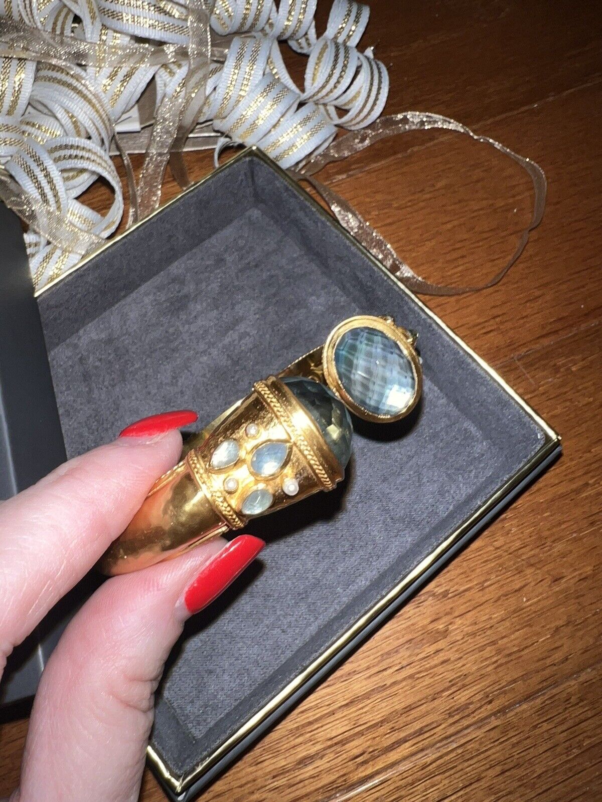 NEW Julie Vos Charcoal Blue & 24k Gold Plated Hinged Bangle Cuff Bracelet NWOT