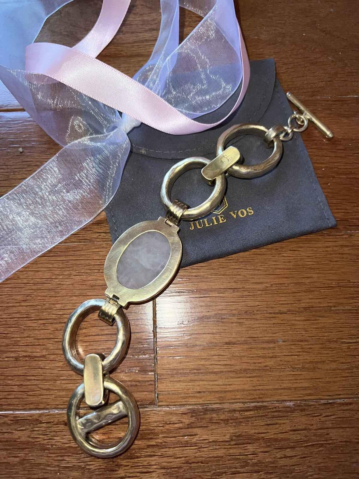 Julie Vos Pink Large Link Bracelet 24K Plate Over 925 Silver Rose Quartz Toggle Julie Vos