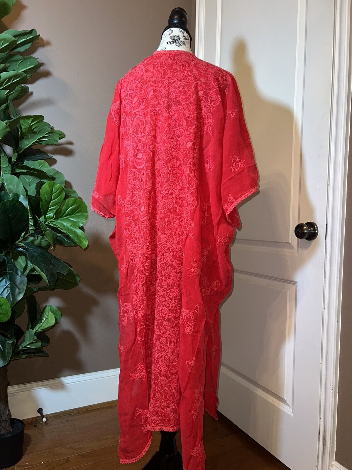 Johnny Was O/S Silky Embroidered Kimono Wrap Dress Cover Up Red Raspberry