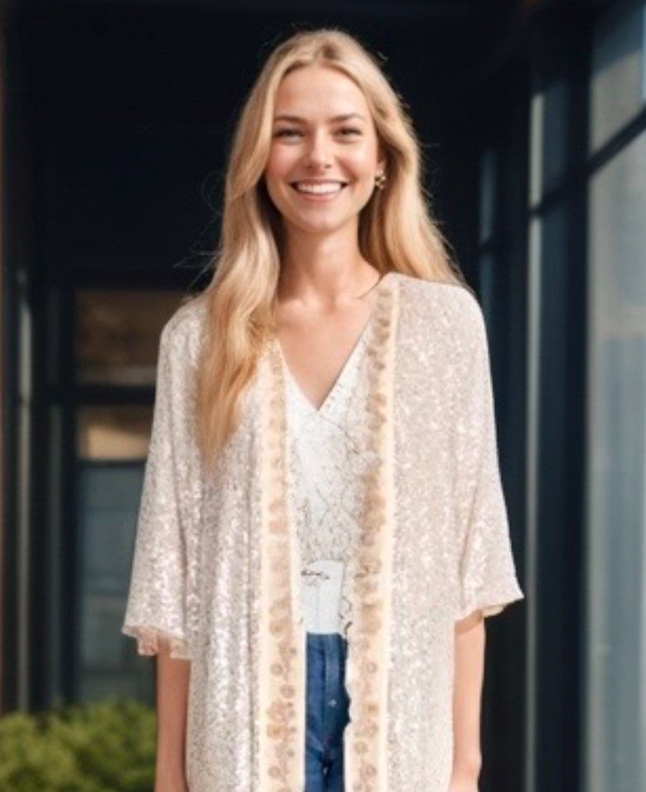 Johnny Was M Silk & Sequins Ivory KIMONO Long Duster Wrap PTP-28” OVERSIZED Johnny Was