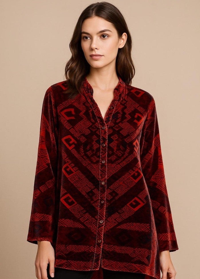 Johnny Was L Large Red & Black Velvet Button Up Shirt Blouse Top Long Sleeve Geo Johnny Was