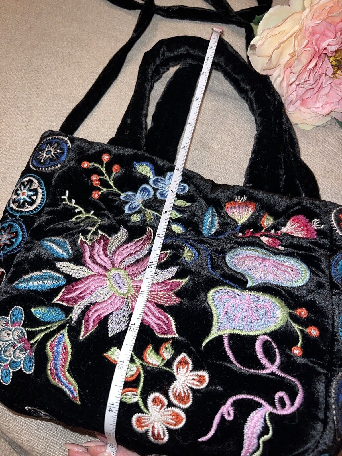 Johnny Was Velvet Embroidered Hobo Bag Tote Purse Crossbody Flower Black