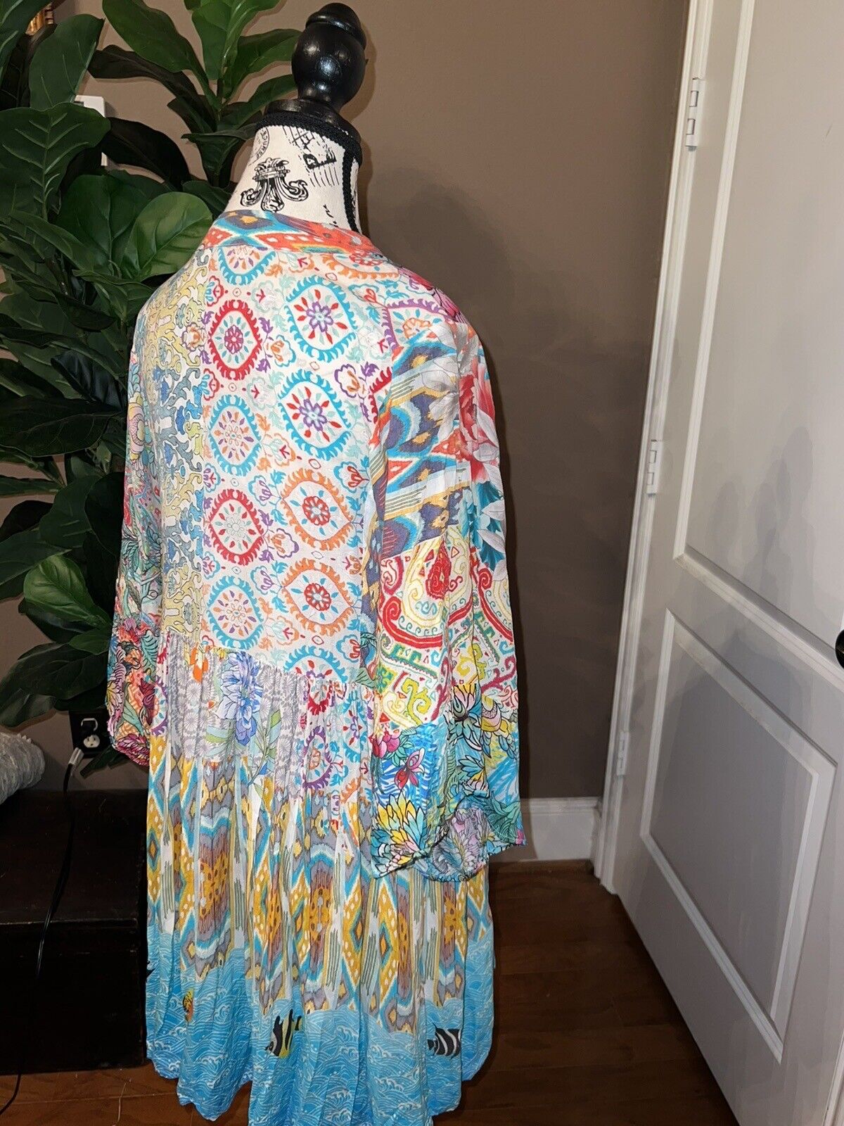 Johnny Was SZ L Large Cotton Floral Tunic Top Mini Dress Kimono Sleeves Tassels