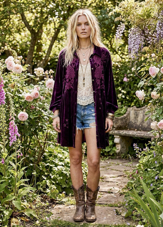 Johnny Was 1X Burgundy Wine Velvet Embroidery Shirt Peplum Top Button Babydoll Johnny Was