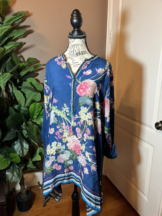 New Johnny Was Silky Floral Blue & Pink Blouse Top Tunic Sz L