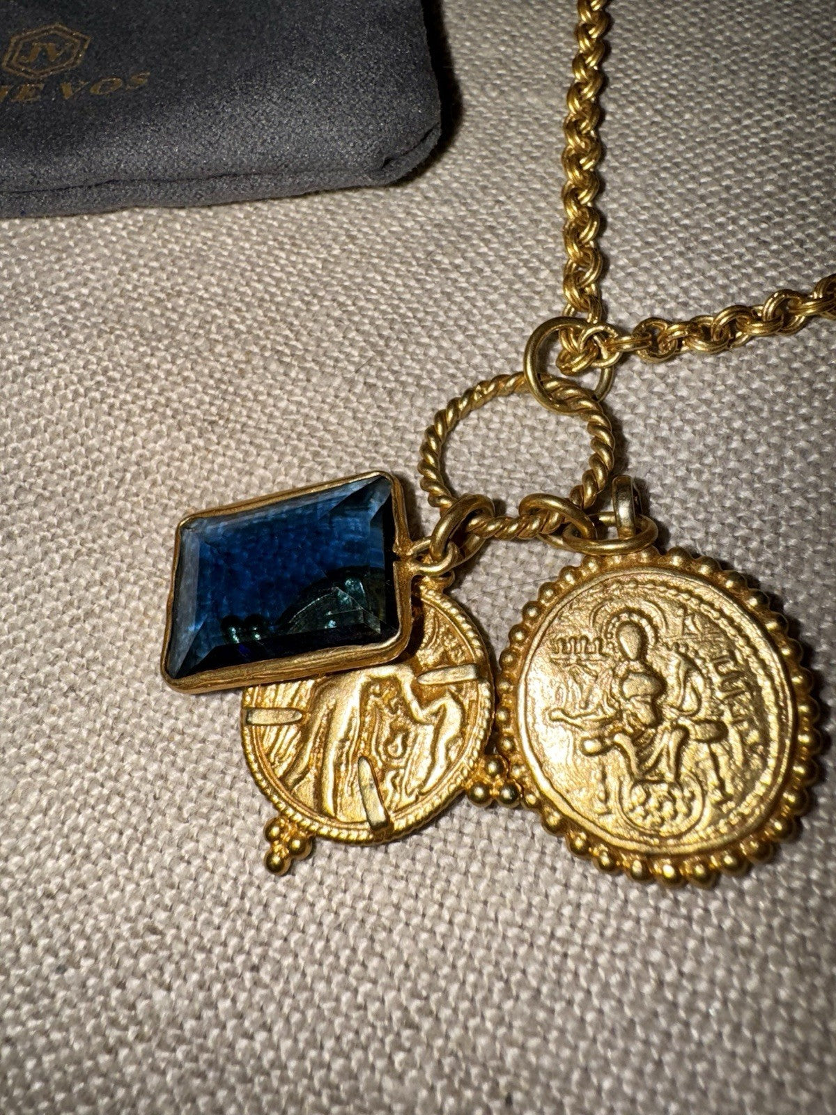 Julie Vos Necklace Sapphire Blue Glass & Gold Coin Pendant 24k Plated RETIRED Julie Vos