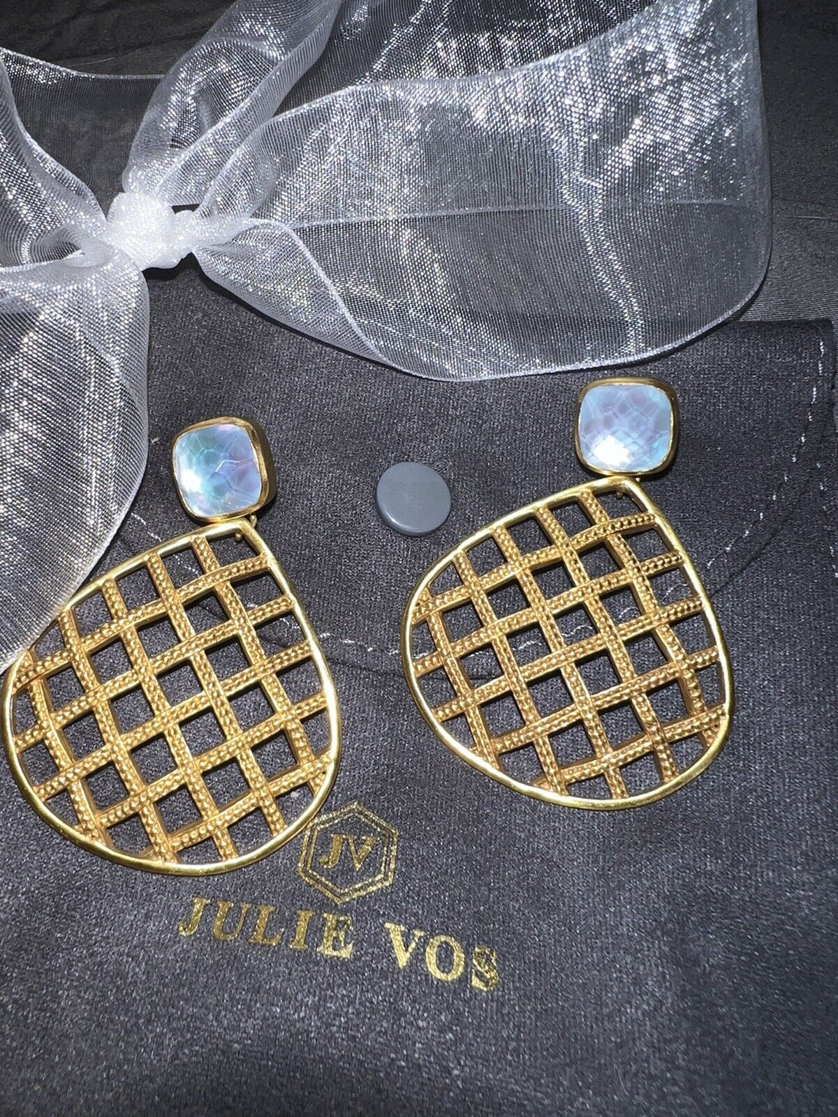 NEW Julie Vos Iridescent Calcedony Basketweave Statement Earrings NWOT