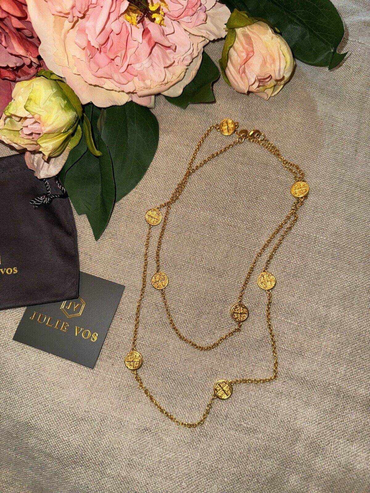 Julie Vos Long Station Coin Medallion & 24k Gold Plated Necklace LONGER STYLE