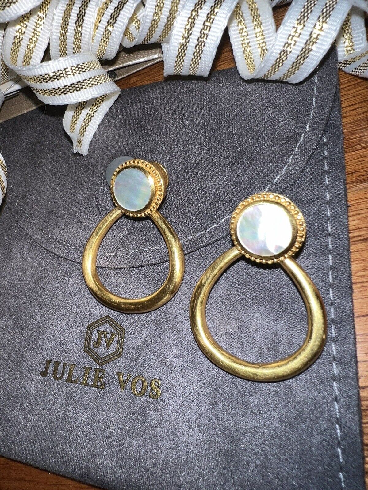 Julie Vos Mother Of Pearl Hanging Hoops 24k Gold Plate Earrings