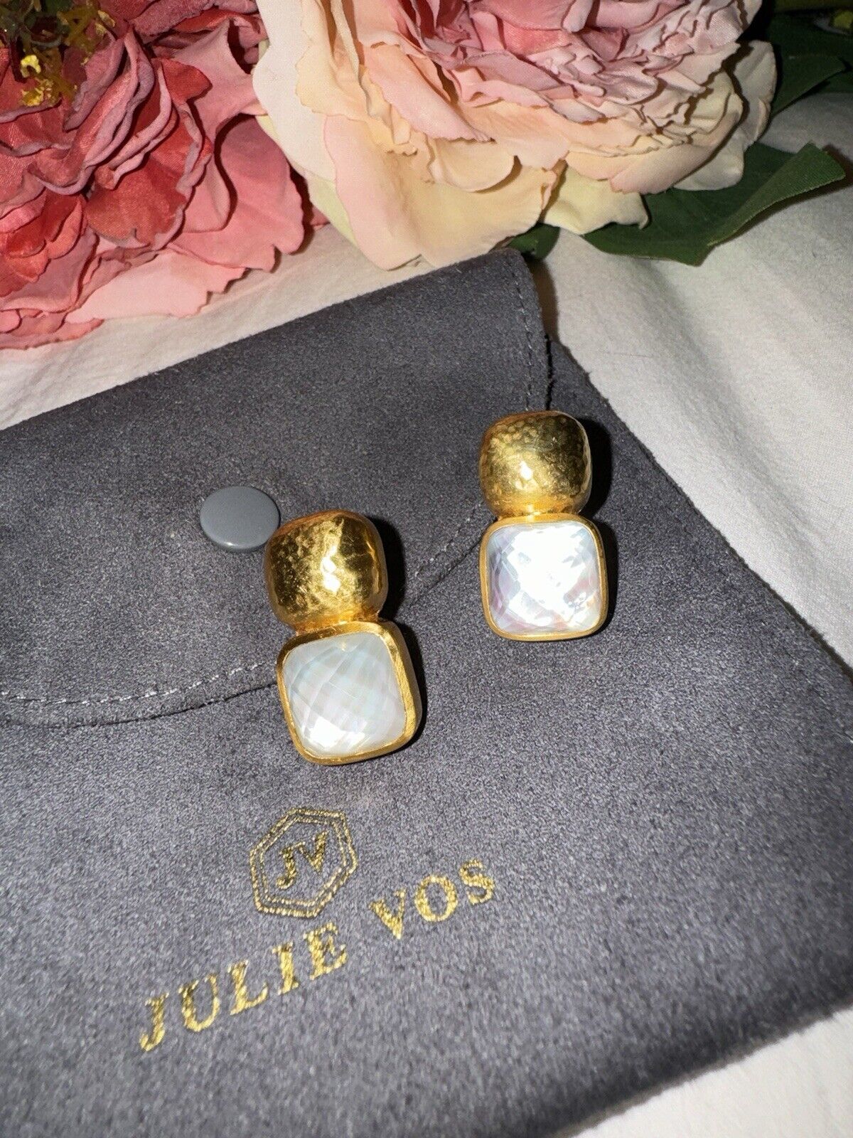 NEW Julie Vos Iridescent Clear Crystal 24k Gold Plated Earrings NWOT