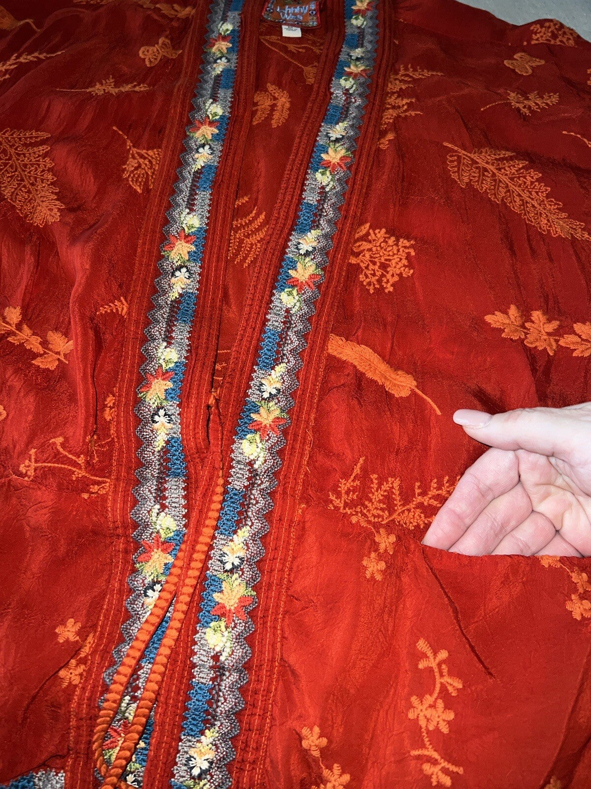 Johnny Was M Orangish Red Short Kimono Wrap Top Embroidered Lightweight Cool Johnny Was